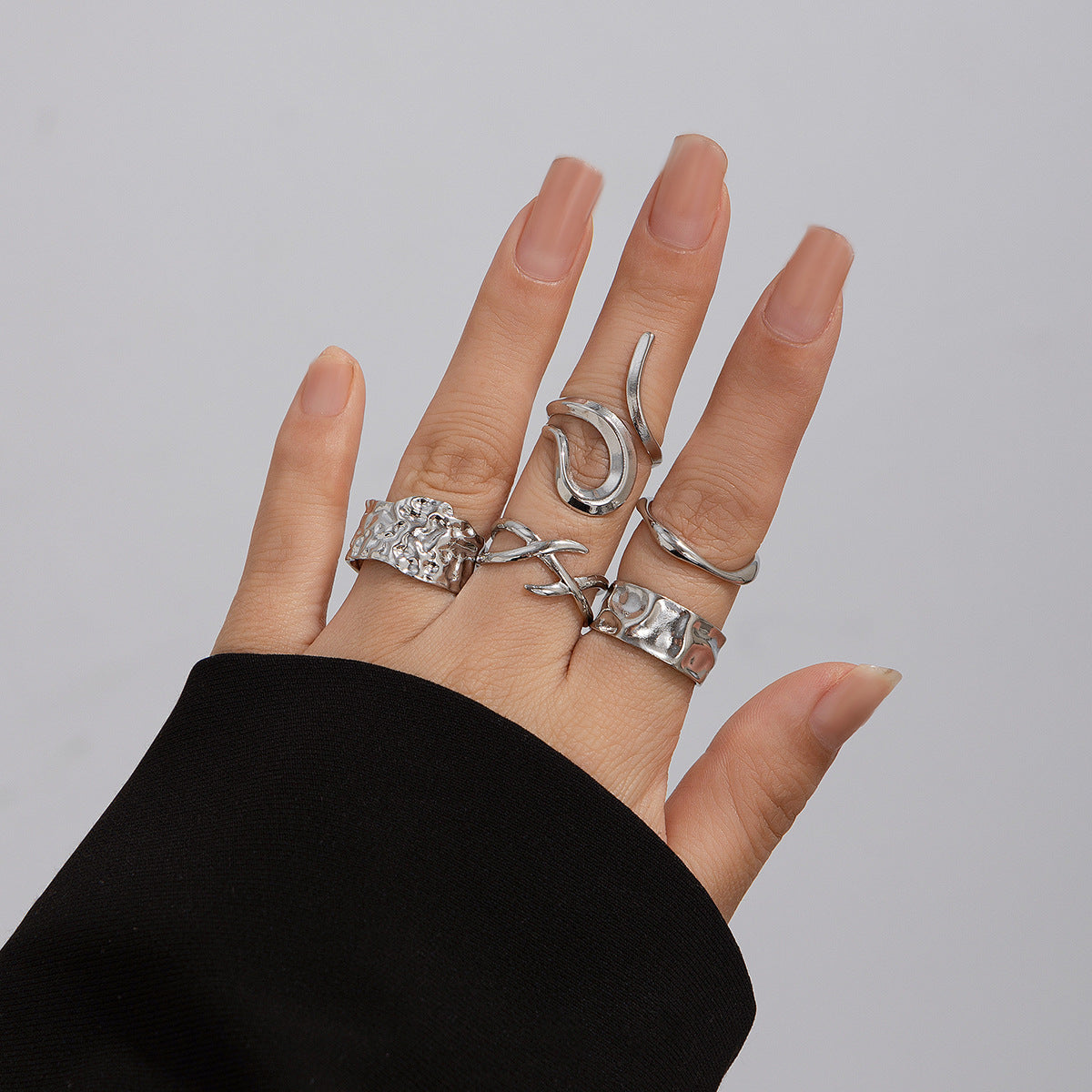 Geometric Metal Lava Line Ring Set - Harajuku Style