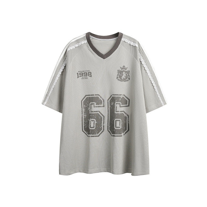 Harajuku Style Printed Distressed V-Neck Mesh Sleeves