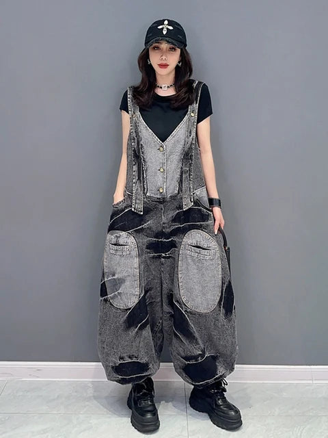Playful Denim Patchwork V-Neck Jumpsuit for Women