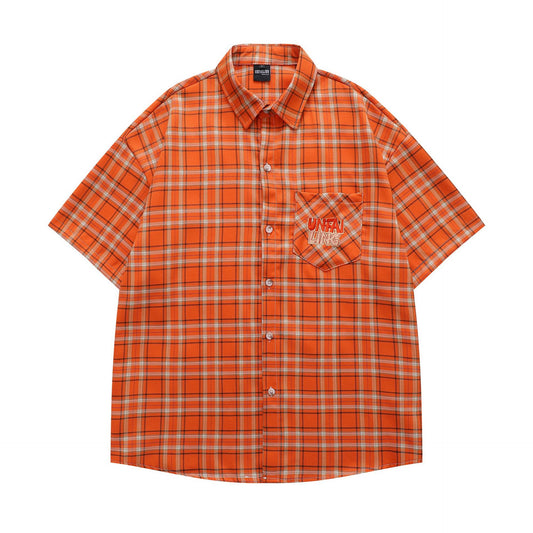 Retro Letter Embroidery Plaid Loose Casual Shirt