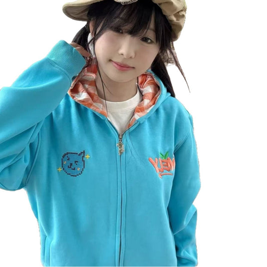 Cartoon Embroidered Zip-Up Hoodie for Women, Casual Oversized