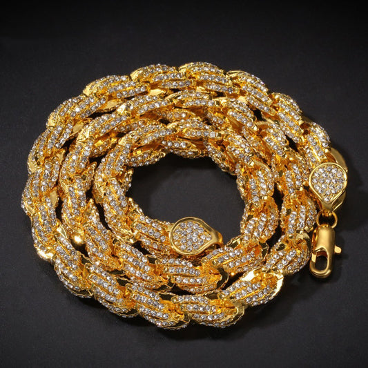 9mm Iced Out Rope Chain Necklace in Silver/Rose Gold/Gold