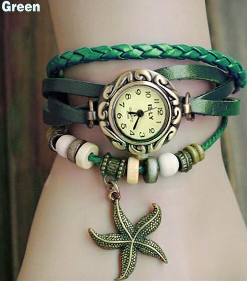 Lady Starfish Retro Bracelet Watch - Genuine Leather Wrap