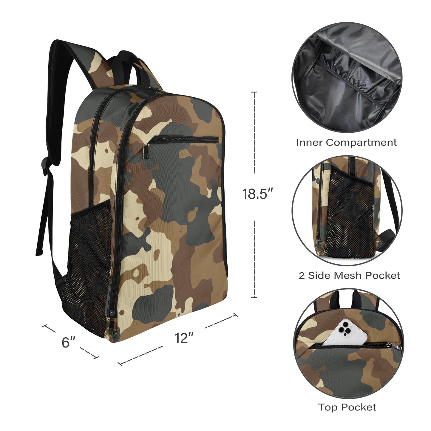 Brown Camo All Over Print Leisure Sports Backpack