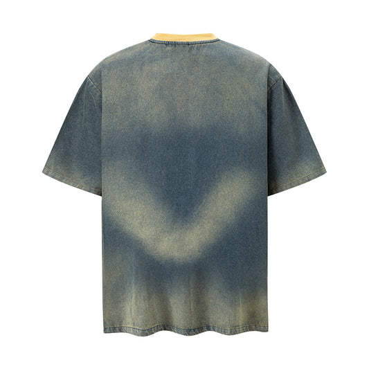 Beach Print Distressed Short-Sleeved Shirt — Harajuku Street Style Mustard