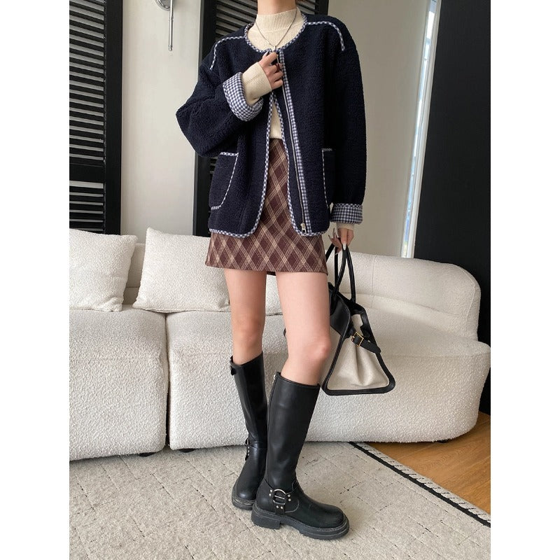 Vintage British Style Color-Blocked Plaid High-Waisted Slimming A-Line Wool Blend Mini Skirt