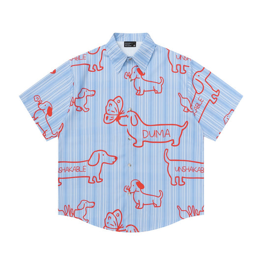 Dachshund Puppy Print Vertical Striped Shirt