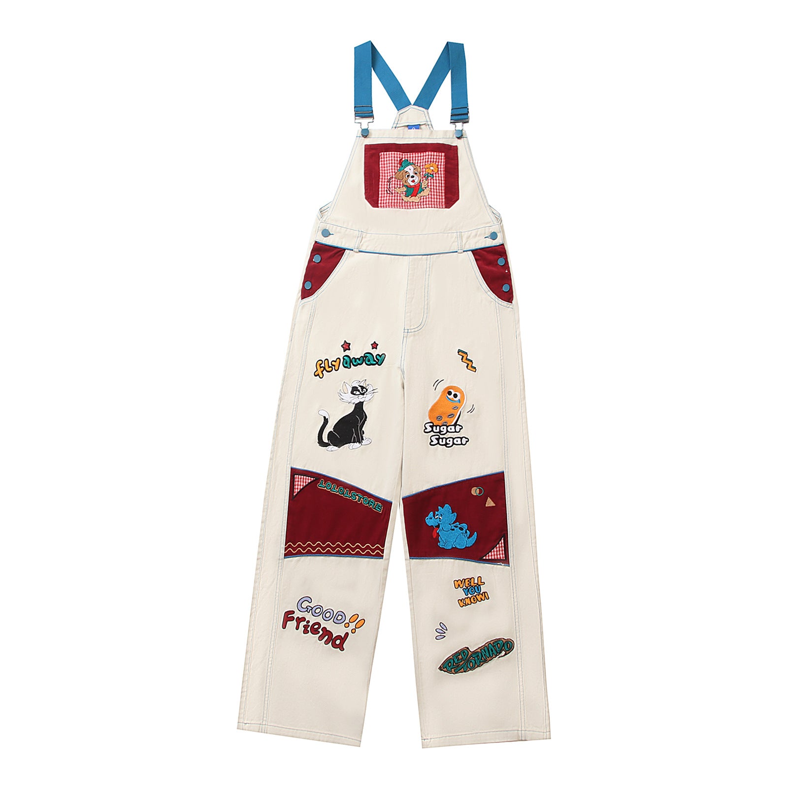 Retro Multi-Pocket Cartoon Suspender Pants
