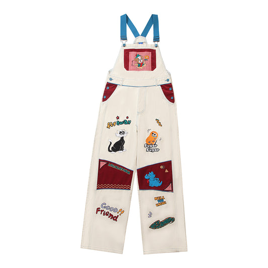 Retro Multi-Pocket Cartoon Suspender Pants