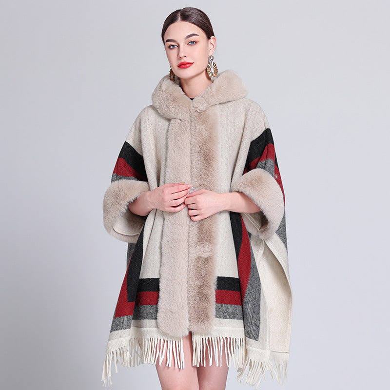 Poncho with Fleece Lining - Thick Knitted Hooded Shawl Featuring Fur Collar and Tassels