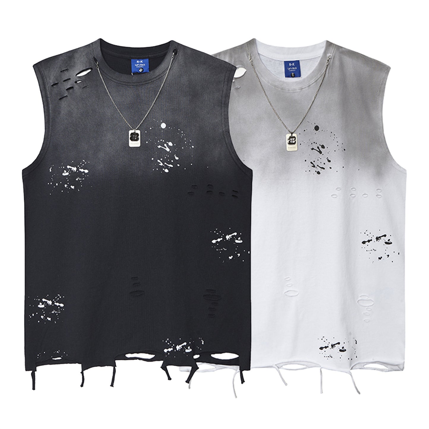 Style Printed Water-Washed Splatter Ink Sleeveless T-Shirt