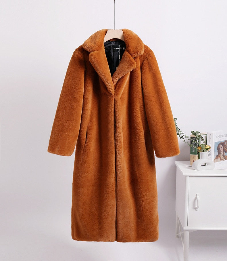 Mid-Length Mink Velvet Faux Fur Coat with Furry Collar