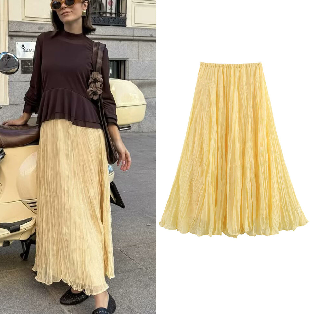 Harajuku Style Elastic Waist Pleated Long Skirt for Women
