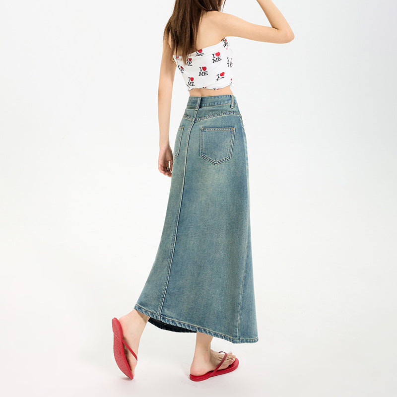 High Waist Slit Denim Skirt for Women - Mid-Length Vintage A-Line Fitted Design