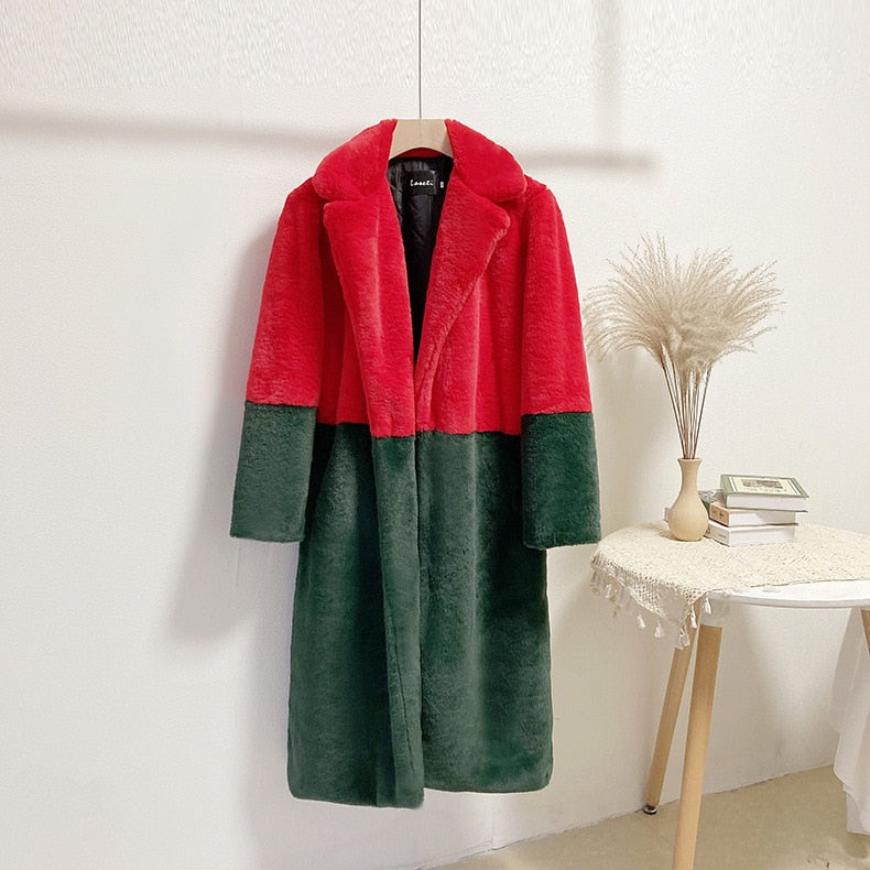Mid-Length Mink Velvet Faux Fur Coat with Furry Collar