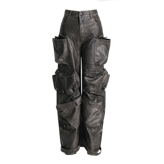 Harajuku Style High Waisted Patchwork Leather Pants