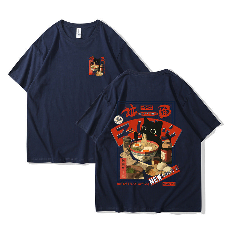 Harajuku Cat Cartoon Eating Noodles Graphic Unisex Casual Short Sleeve T-Shirt