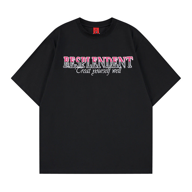 Color Blocking Rhinestone Letter Embroidery Short-Sleeved T-Shirt — Harajuku Street Style