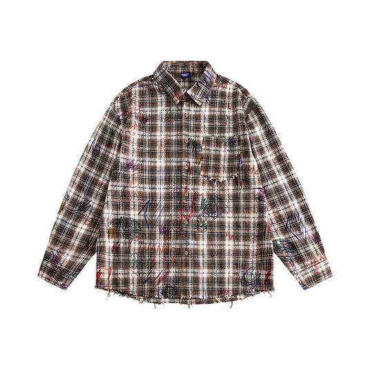 Harajuku Watercolor Graffiti Plaid Long Sleeved Shirt