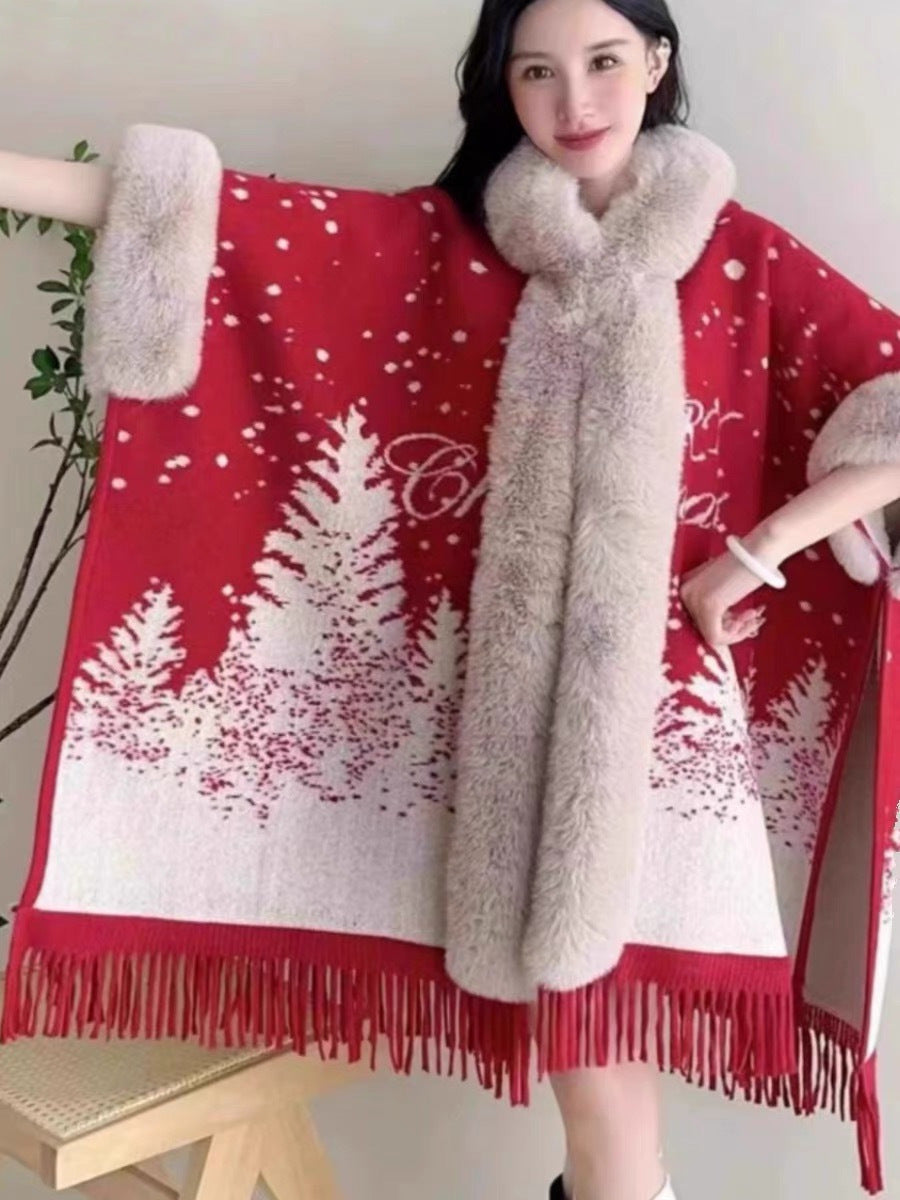 Poncho with Fleece Lining - Thick Knitted Hooded Shawl Featuring Fur Collar and Tassels
