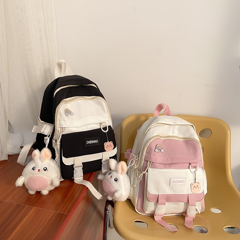 Contrasting Color Large Capacity Backpack for Junior High School Girls