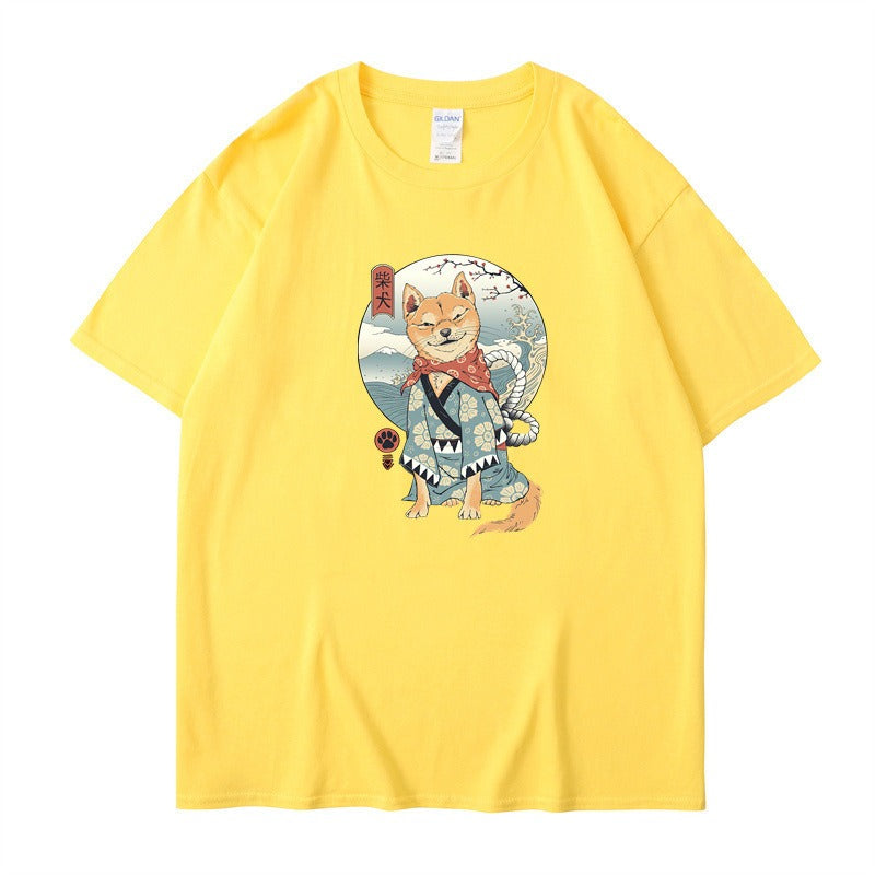 Chai Gou Ukiyo-e Style Shibu Inu Round Neck Short Sleeved Casual Top for Men