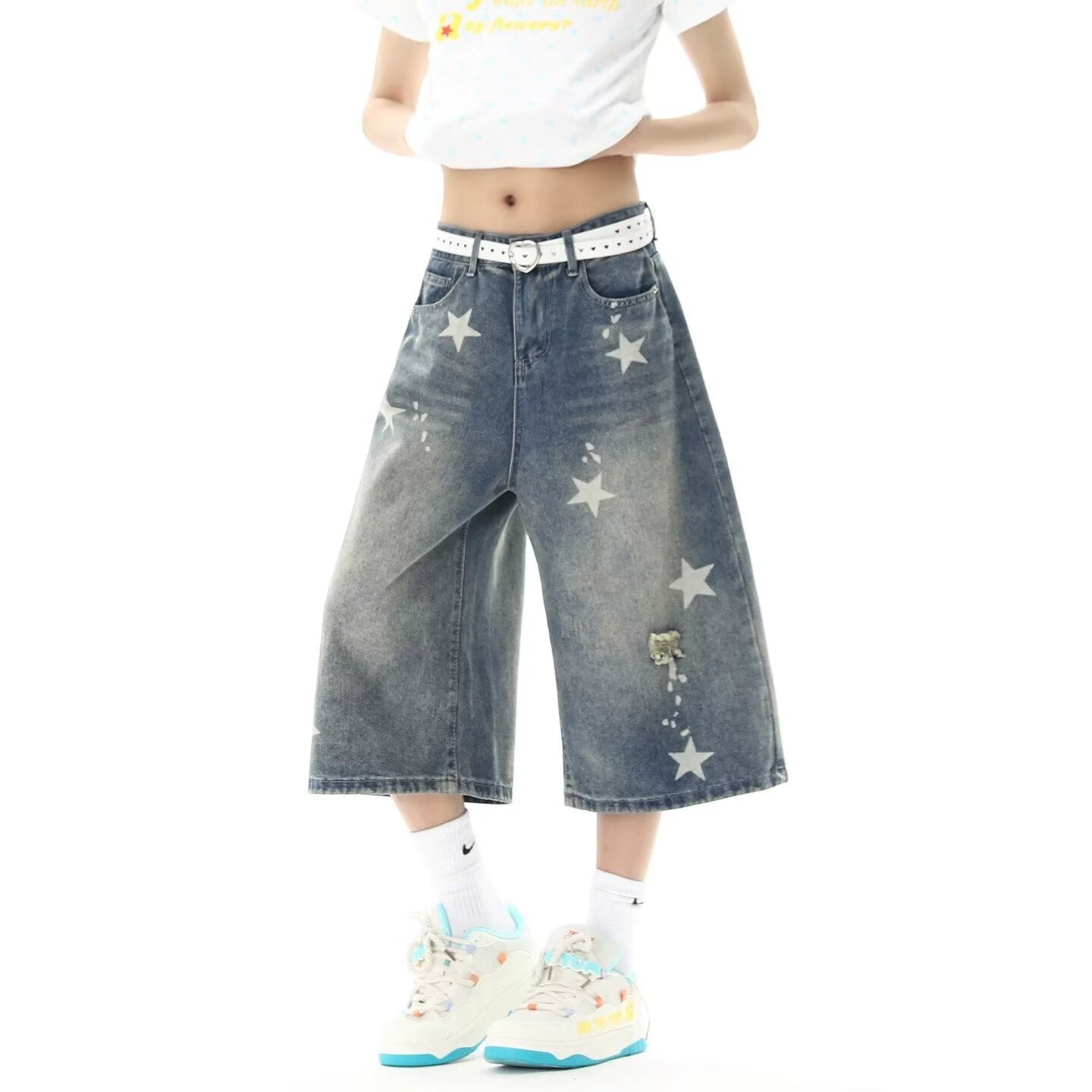 Harajuku Vintage Distressed Star Print Loose 7/8 Length Denim Shorts — Harajuku Street Fashion