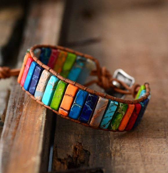 Handmade Chakra Bracelet - Multi Color Natural Stone & Leather