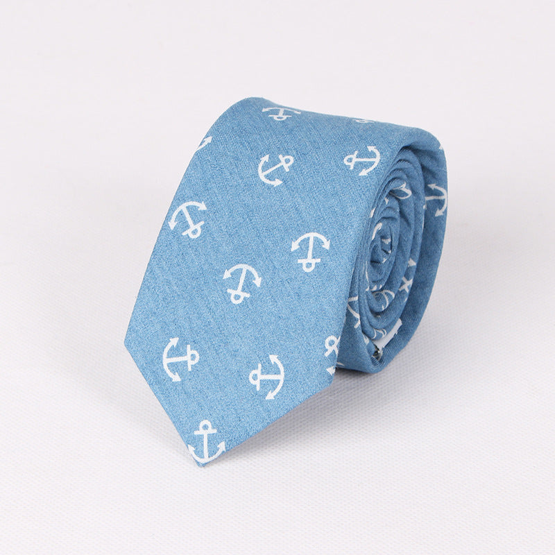 Cotton Tie with Denim Skull Anchor Print