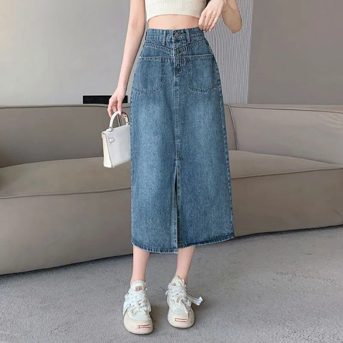 High-Waisted Front Slit Denim Skirt - Versatile A-Line Midi Skirt for Women, Slimming Fit