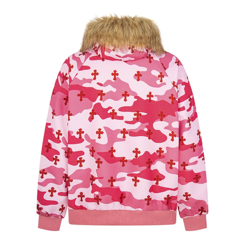 Camouflage Fur-Collar Women's Hooded Zip-Up Jacket Loose Sweatshirt Jacket