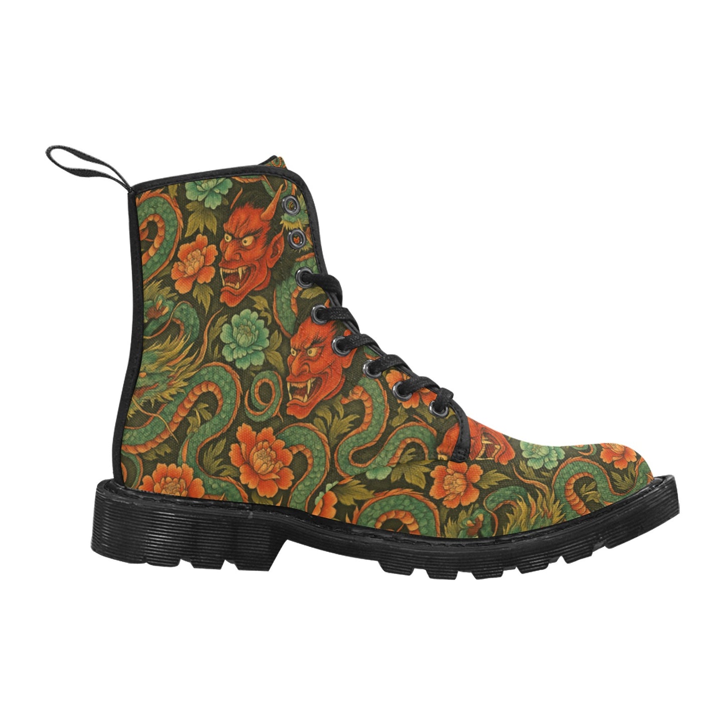 Red Dragon Devil Pattern Women's Lace Up Canvas Boots