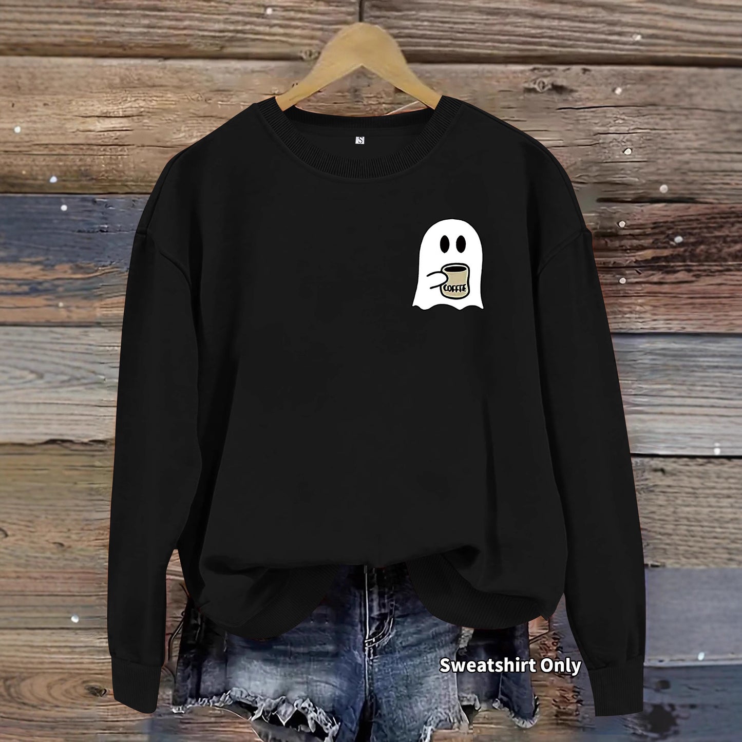 Casual Round Neck Long Sleeve Sweatshirt with Ghost Print