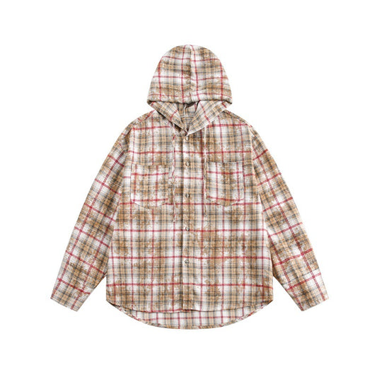 Unisex Loose Plaid Drawstring Hooded Shirt