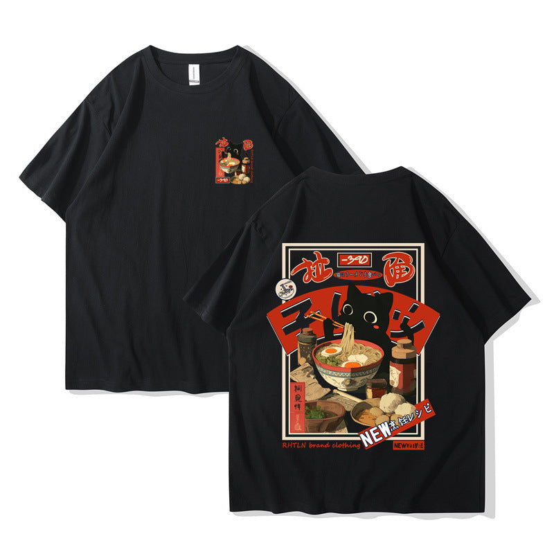 Harajuku Cat Cartoon Eating Noodles Graphic Unisex Casual Short Sleeve T-Shirt