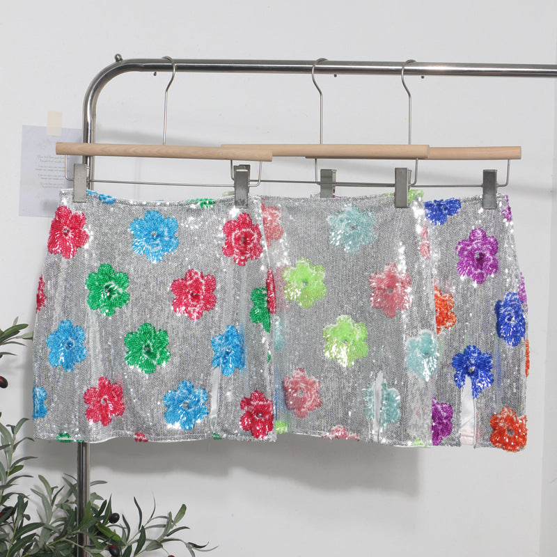Retro Sparkling Flower Sequin Mini Skirt