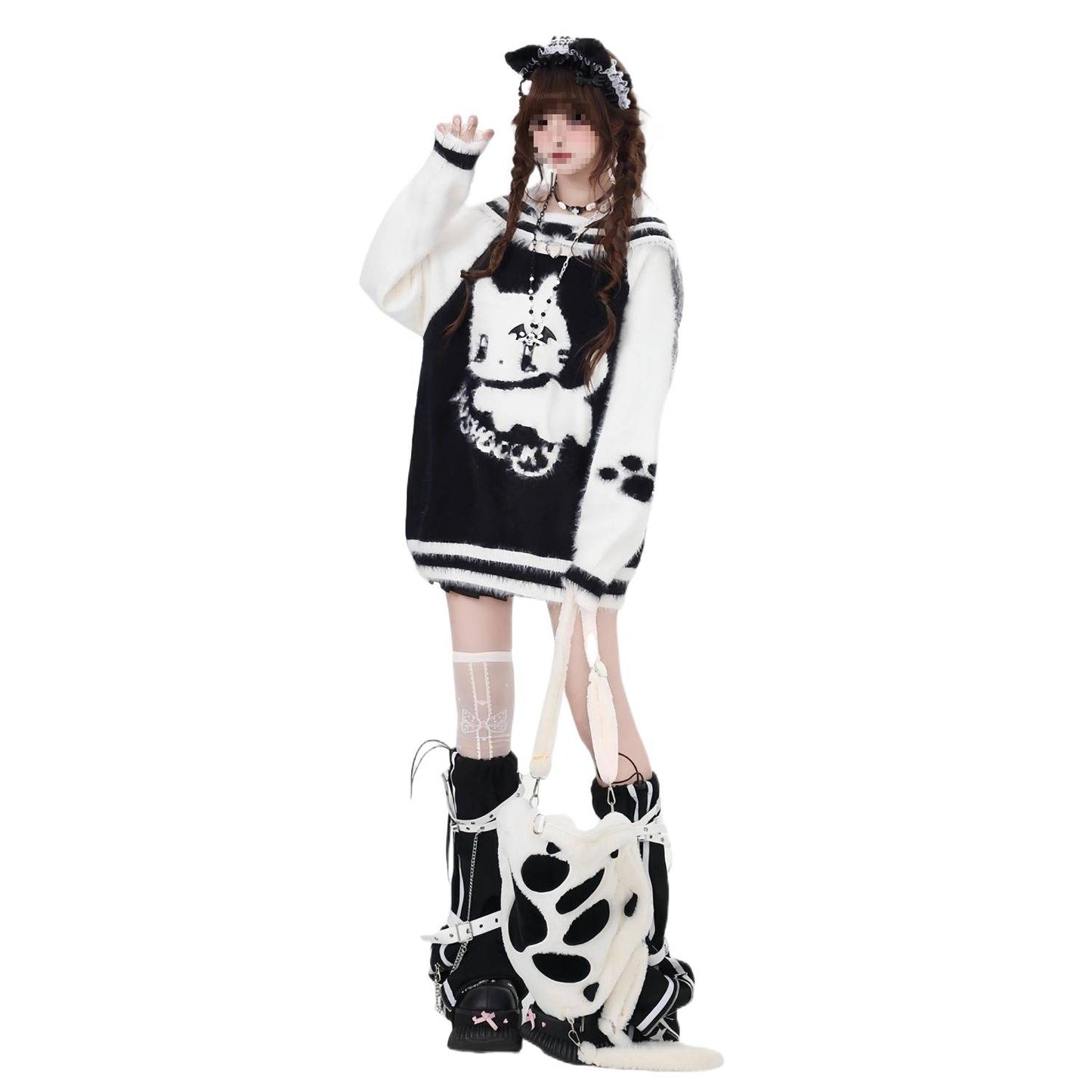 LED Cartoon Imitation Mink Fur Loose Black and White Sweater