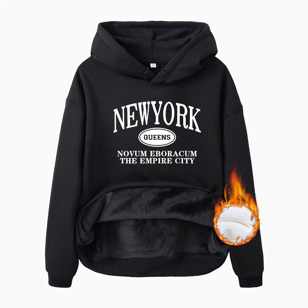 Pocket Hooded Long Sleeve Fleece Sweatshirt Top with NEW YORK Print
