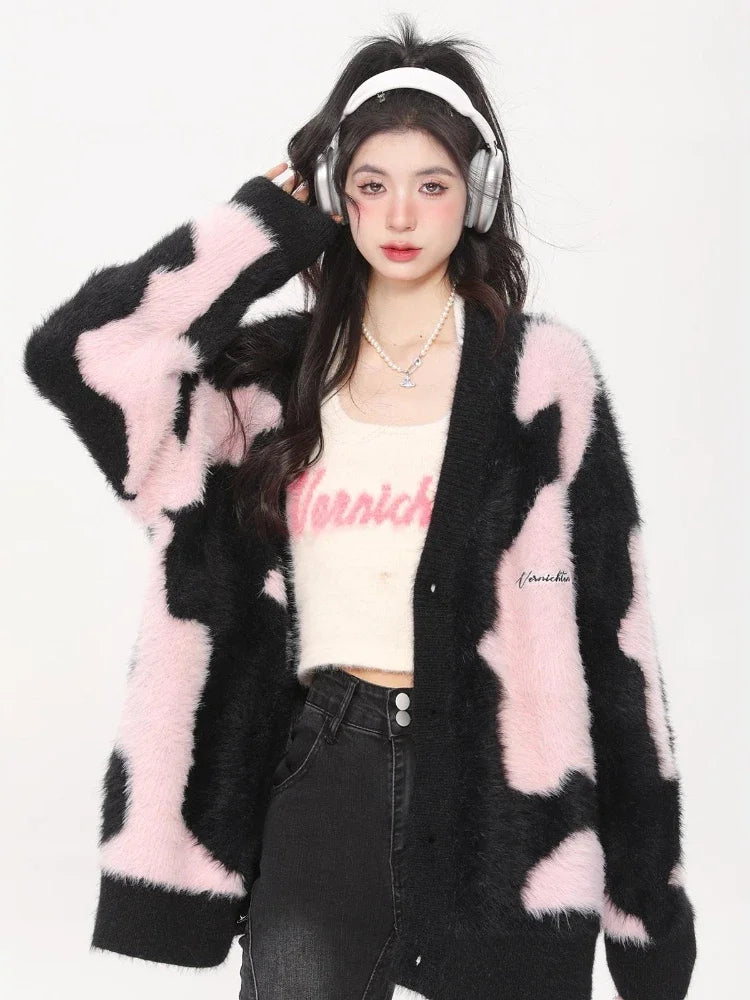 Deeptown Y2K Harajuku Pink Knitted Cardigan