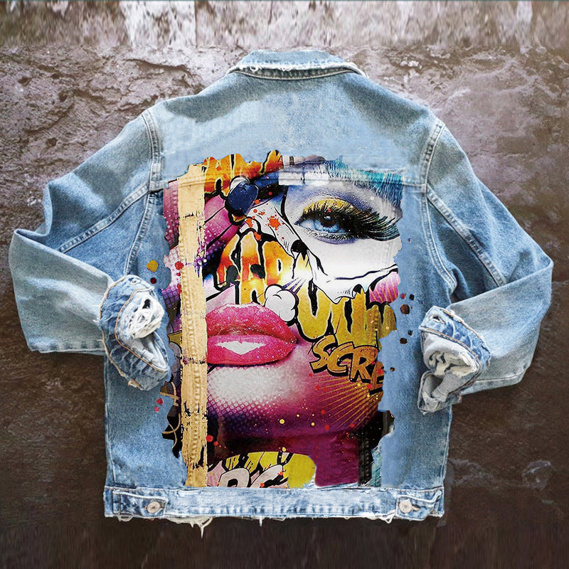 Harajuku Style Women's Tongue Out Print Denim Jacket