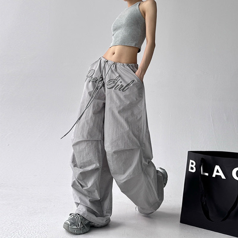 Harajuku Style Printed Pleated Paratrooper Wide Leg Pants