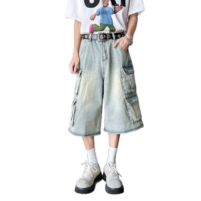 Retro Loose Casual Distressed Wide Leg Seven Quarter Pants