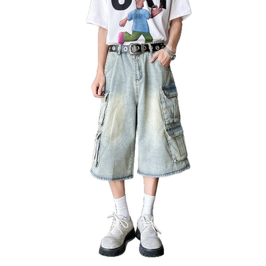 Retro Loose Casual Distressed Wide Leg Seven Quarter Pants