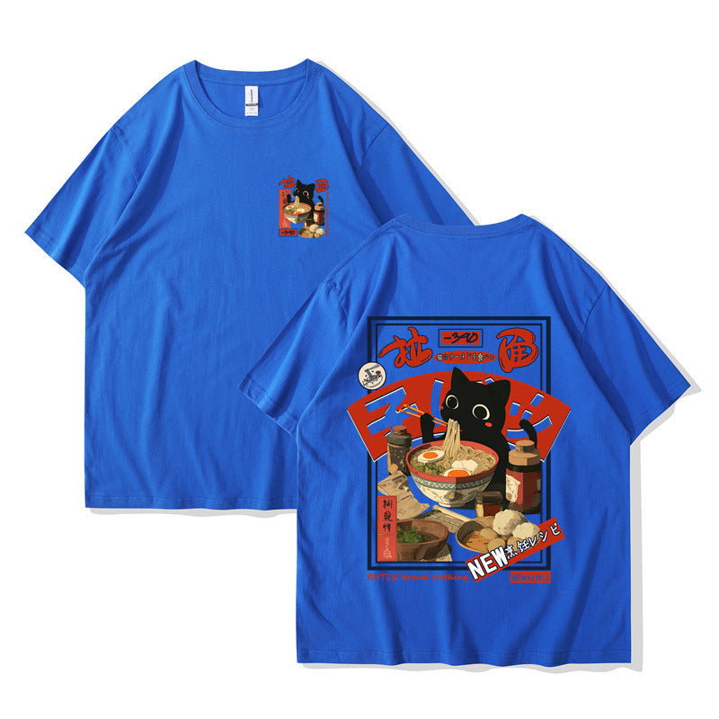 Harajuku Cat Cartoon Eating Noodles Graphic Unisex Casual Short Sleeve T-Shirt