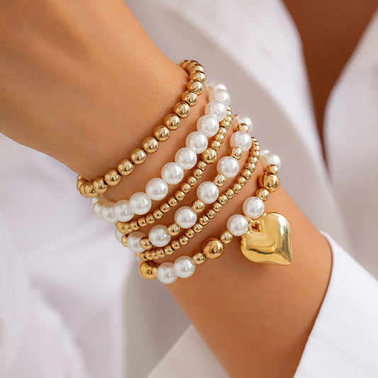 Harajuku-Inspired Pearl Bead & Heart Bracelet Set