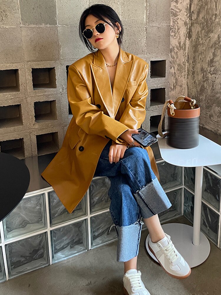 Playful Yellow PU Leather Oversized Blazer for Women