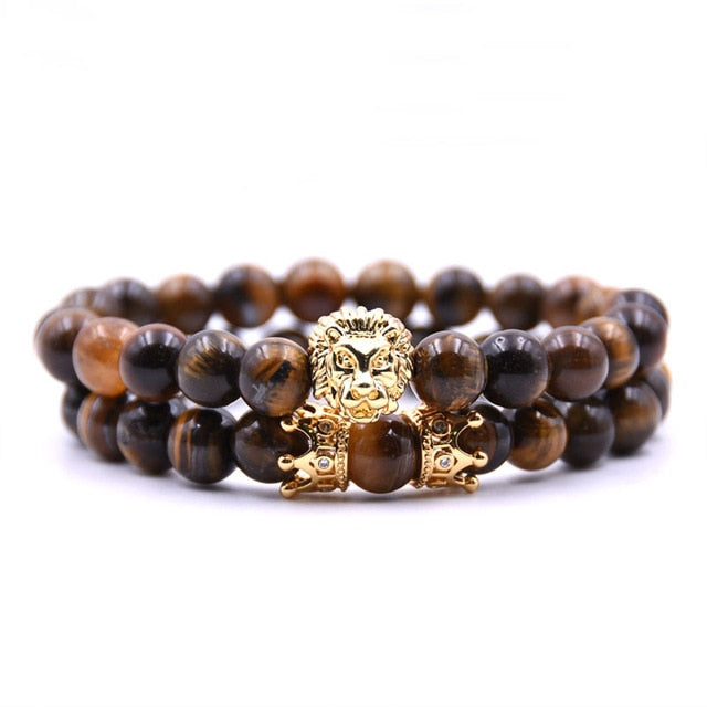 King Lion Couple Bracelet with Natural Stone Beads