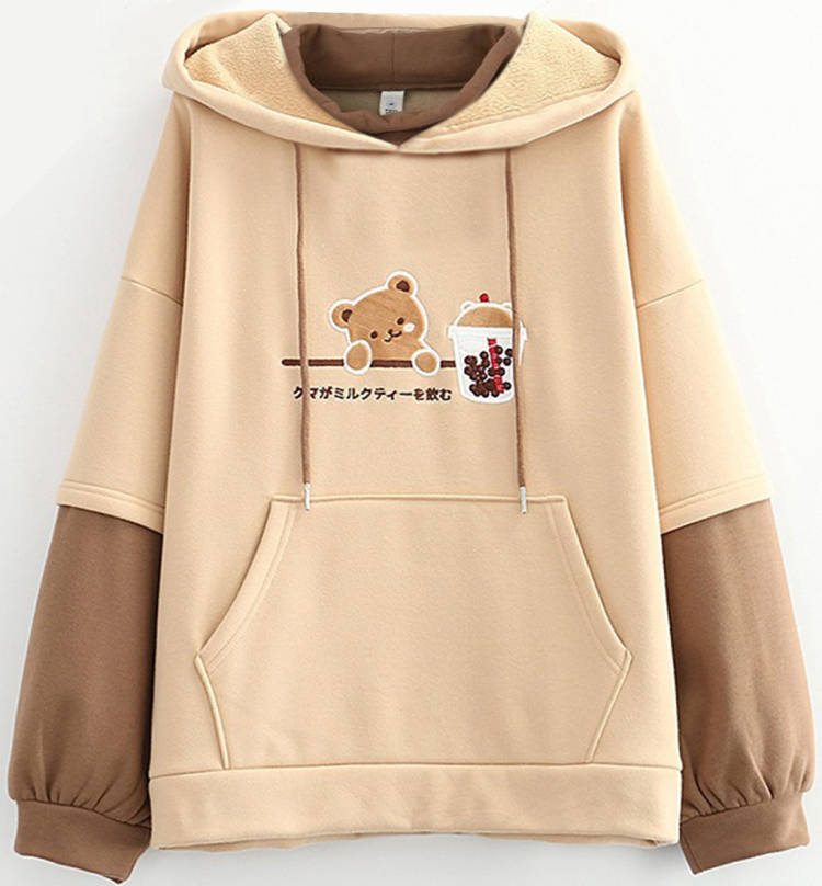 Cute Cartoon Hooded Sweatshirt for Couples with Patchwork Design