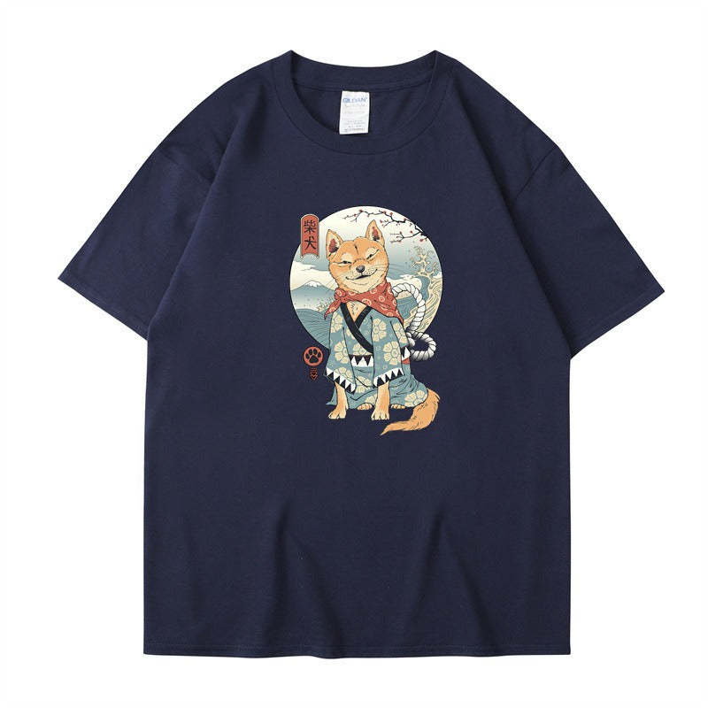 Chai Gou Ukiyo-e Style Shibu Inu Round Neck Short Sleeved Casual Top for Men