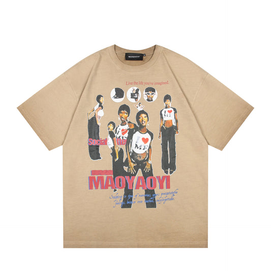 Harajuku Style Washed Figure Print Loose Fit Tee
